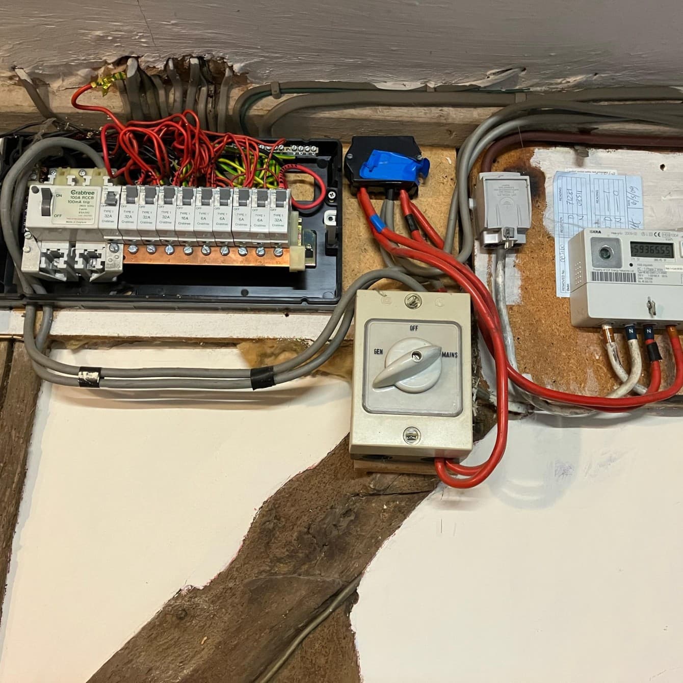 Distribution board with a generator-to-mains changeover switch in a rural property