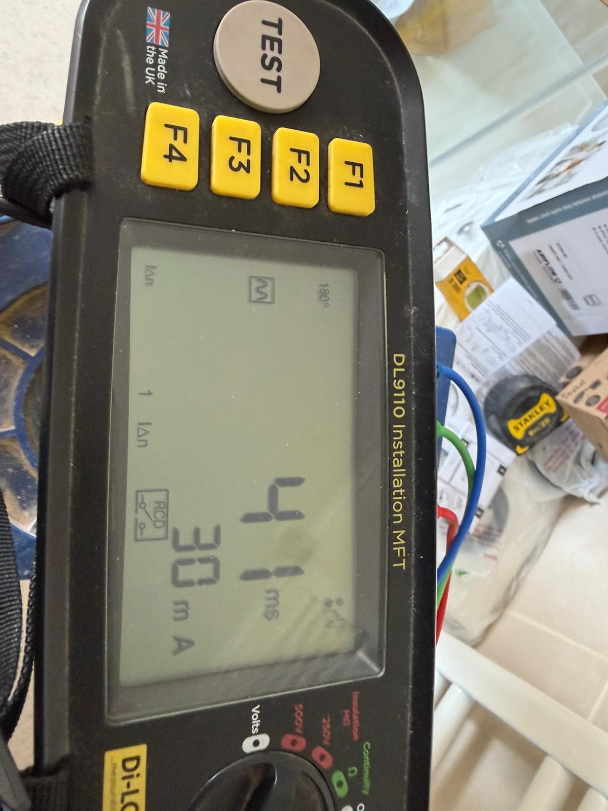 Installation tester showing a 30mA RCD trip time of 41 milliseconds during testing