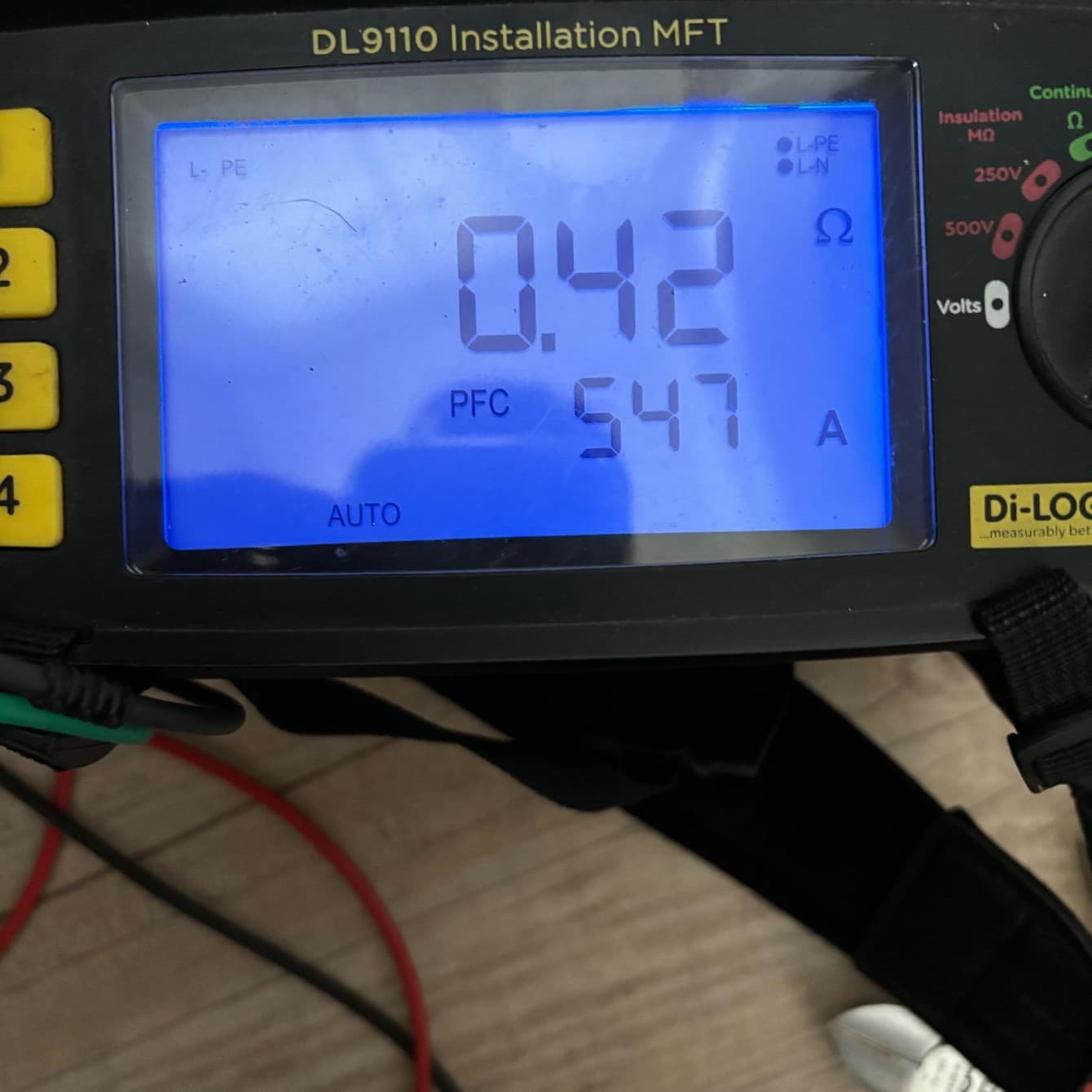Installation multifunction tester showing earth loop and fault current readings during testing